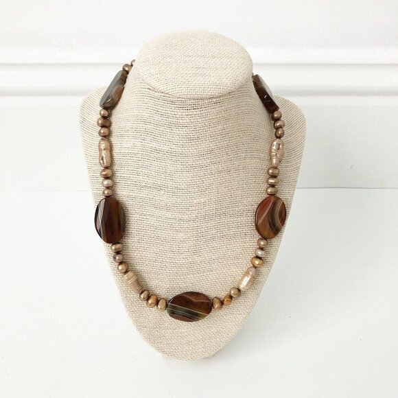 NWT Genuine Agate & Pearl Necklace Beaded Brown Bronze-Colored - Picture 1 of 6